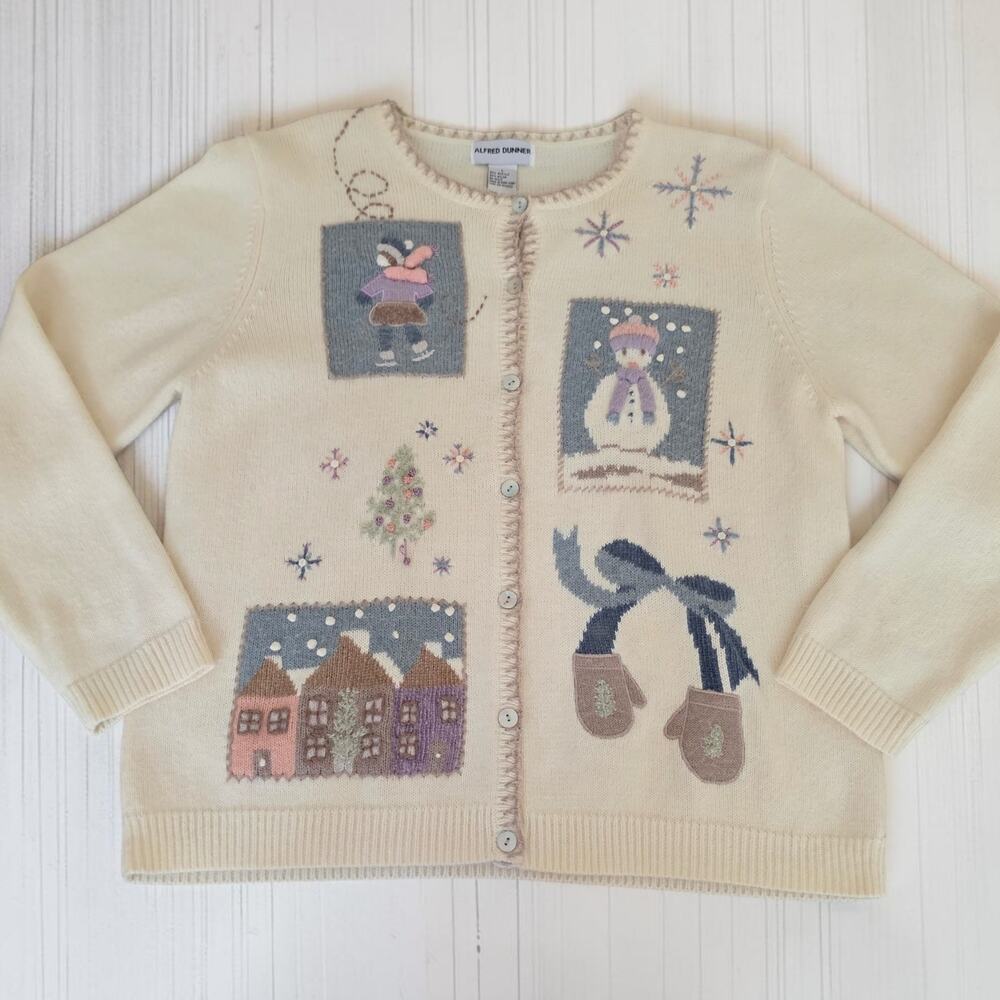 Alfred Dunner Vintage Large Winter Snowman Christmas Cream Cardigan Sweater
